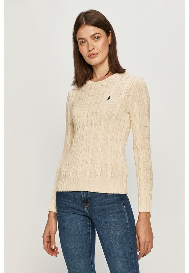 Polo Ralph Lauren - Sweter. Okazja: na co dzień. Typ kołnierza: polo. Kolor: beżowy. Materiał: dzianina. Długość rękawa: długi rękaw. Długość: długie. Wzór: ze splotem. Styl: casual