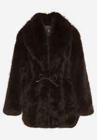 Born2be - Brązowa Kurtka Futerko o Prostym Kroju z Cienkim Wiązanym Paskiem Casatte. Okazja: do pracy, na spotkanie biznesowe. Typ kołnierza: golf. Kolor: brązowy. Materiał: futro. Wzór: aplikacja. Styl: biznesowy #3