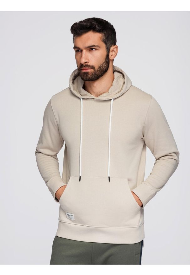 Ombre Clothing - Męska bluza dresowa kangurka z kapturem - jasnobeżowa V1 - Rozmiar: L. Okazja: na co dzień. Typ kołnierza: kaptur. Kolor: beżowy. Materiał: dresówka. Styl: casual