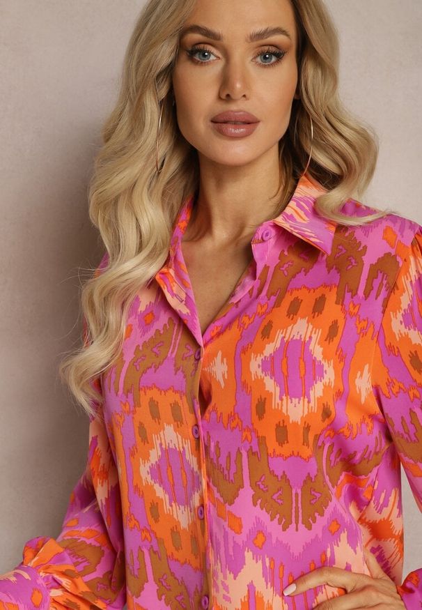Renee - Fuksjowa Luźna Koszula ze Wzorem Etno i Bufiastymi Rękawami Kaelith. Kolor: różowy. Wzór: aplikacja. Styl: etno
