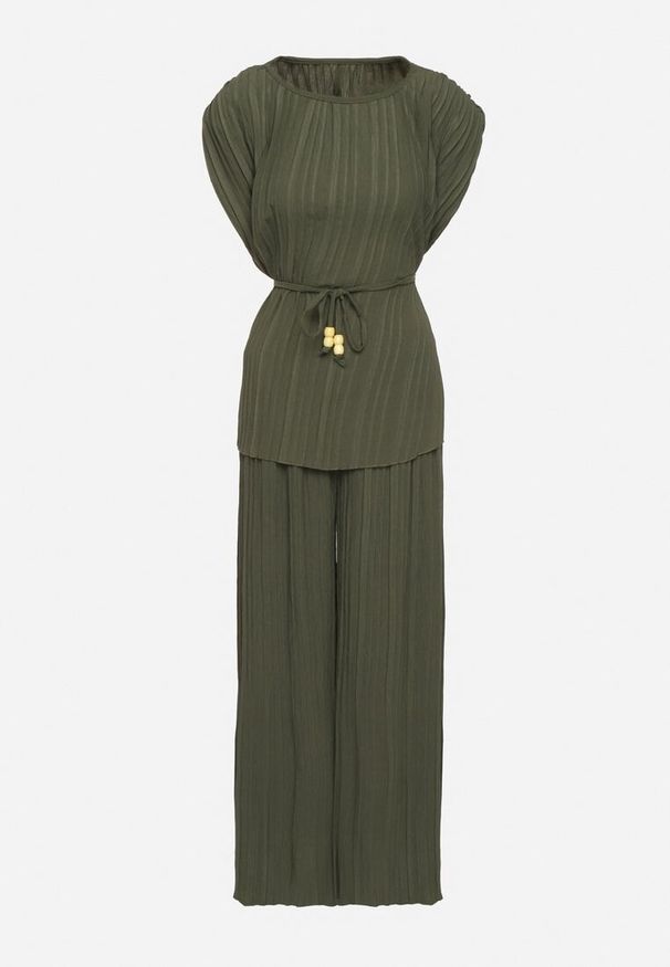 Born2be - Ciemnozielony Komplet Bluzka z Wiązanym Paskiem i Szerokie Spodnie Dolarea. Kolor: zielony. Wzór: aplikacja