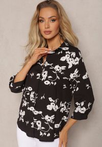 Renee - Czarna Koszula Typu Kimono z Bawełny i Wiskozy w Kwiatowy Wzór Carlania. Kolor: czarny. Materiał: bawełna, wiskoza. Wzór: kwiaty