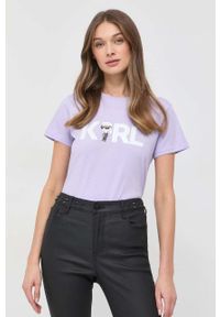 Karl Lagerfeld t-shirt bawełniany kolor fioletowy. Kolor: fioletowy. Materiał: bawełna. Długość rękawa: krótki rękaw. Długość: krótkie. Wzór: nadruk #1
