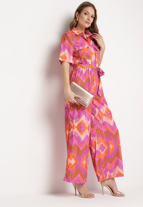 Born2be - Fioletowo-Pomarańczowy Długi Kombinezon Koszulowy z Wiązanym Paskiem i Gumką w Talii Tariony. Kolor: fioletowy. Długość: długie