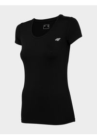 4f - Koszulka treningowa regular szybkoschnąca damska - czarna. Kolor: czarny. Materiał: syntetyk, elastan, materiał, włókno, dzianina, skóra. Długość rękawa: krótki rękaw. Długość: krótkie. Wzór: ze splotem, jednolity, gładki. Sport: fitness