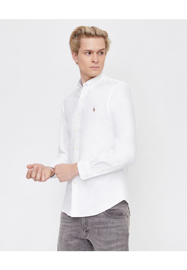 Ralph Lauren - RALPH LAUREN - Biała koszula Oxford Slim Fit. Typ kołnierza: polo. Kolor: biały. Materiał: bawełna. Wzór: kolorowy. Styl: klasyczny, wizytowy