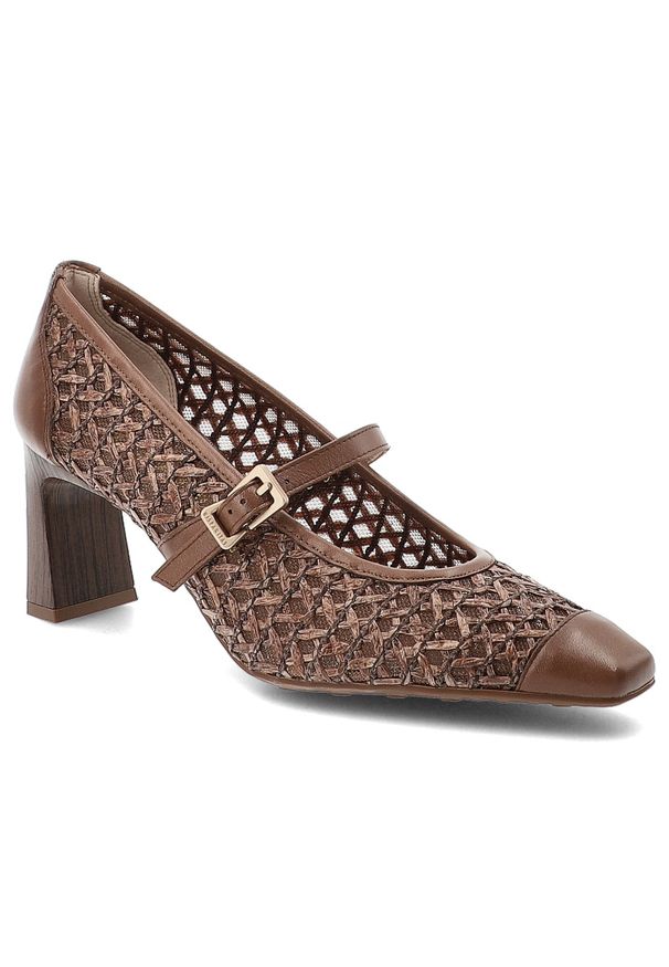 Czółenka damskie Hispanitas, z łączonych materiałów z ażurową cholewką o plecionym wykończeniu i paskiem, brązowe, RHV264609 Soho-V26. Okazja: do pracy. Zapięcie: pasek. Kolor: brązowy. Materiał: materiał. Szerokość cholewki: normalna. Wzór: ażurowy. Obcas: na obcasie. Wysokość obcasa: średni