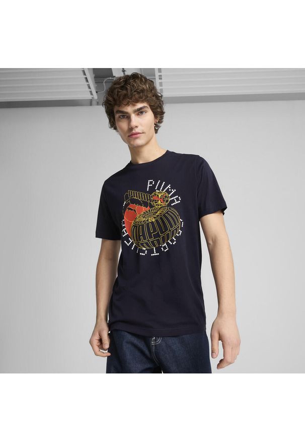 Puma - Męska koszulka Graphics Execution PUMA New Navy Blue. Kolor: niebieski. Materiał: guma. Wzór: nadruk