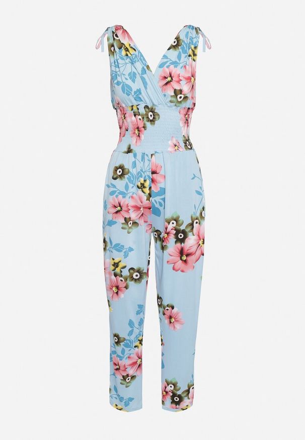Born2be - Jasnoniebieski Kombinezon w Kwiaty z Trójkątnym Dekoltem i Troczkami na Ramionach Benan. Okazja: na co dzień. Kolor: niebieski. Wzór: kwiaty. Styl: casual, elegancki