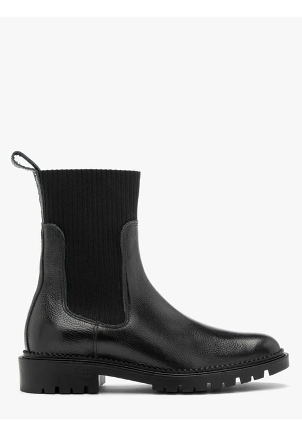 Ryłko - Czarne sztyblety damskie z elastyczną tkaniną. Nosek buta: okrągły. Kolor: czarny. Materiał: skóra. Szerokość cholewki: normalna. Obcas: na obcasie. Styl: street. Wysokość obcasa: średni