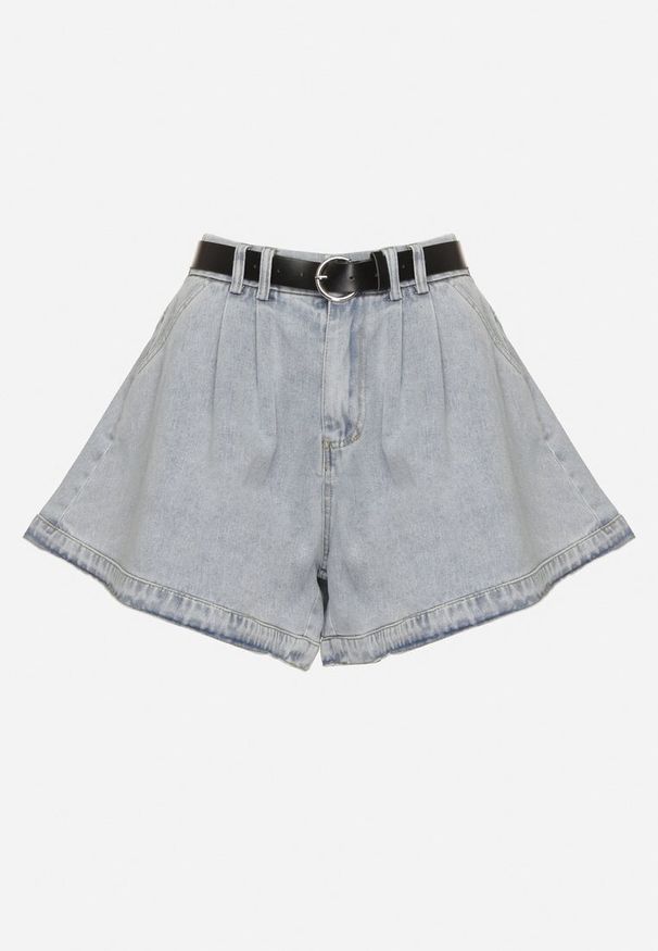 Born2be - Jasnoniebieskie Bawełniane Szorty z Wysokim Stanem i Paskiem Devne. Okazja: na co dzień. Stan: podwyższony. Kolor: niebieski. Materiał: bawełna. Styl: casual