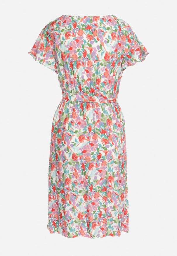 Born2be - Różowo-Niebieska Sukienka Midi z Wiskozowej Tkaniny w Kwiaty Relas. Typ kołnierza: dekolt kopertowy. Kolor: różowy. Materiał: wiskoza, tkanina. Długość rękawa: krótki rękaw. Wzór: kwiaty. Typ sukienki: kopertowe. Styl: wakacyjny. Długość: midi