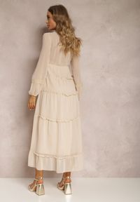 Renee - Beżowa Sukienka Endeina. Typ kołnierza: kołnierz z falbankami. Kolor: beżowy. Materiał: tkanina. Wzór: aplikacja. Typ sukienki: rozkloszowane. Długość: maxi #4