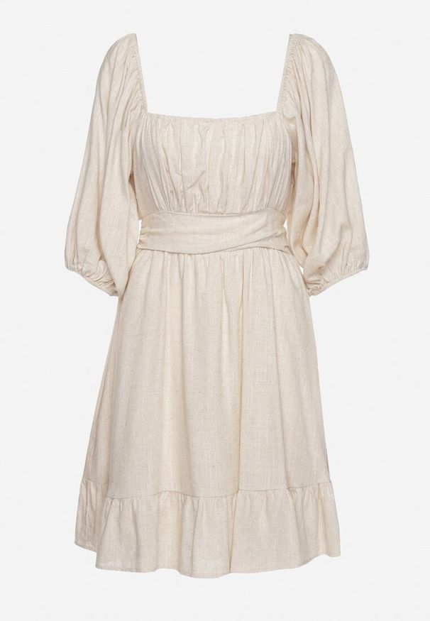 Born2be - Beżowa Rozkloszowana Sukienka z Wiskozą i Lnem z Gumką w Talii Falbanką i Podszewką Vilemia. Okazja: na co dzień. Kolor: beżowy. Materiał: len, wiskoza. Typ sukienki: rozkloszowane, proste. Styl: casual