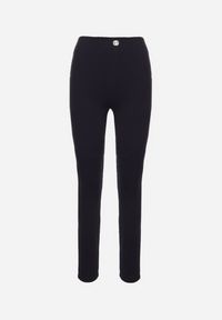 Born2be - Granatowe Legginsy z Wiskozą z Wysokim Stanem Zdobione Guzikiem z Cyrkoniami Nalette. Okazja: na co dzień. Stan: podwyższony. Kolor: niebieski. Materiał: wiskoza. Wzór: aplikacja. Styl: elegancki, casual