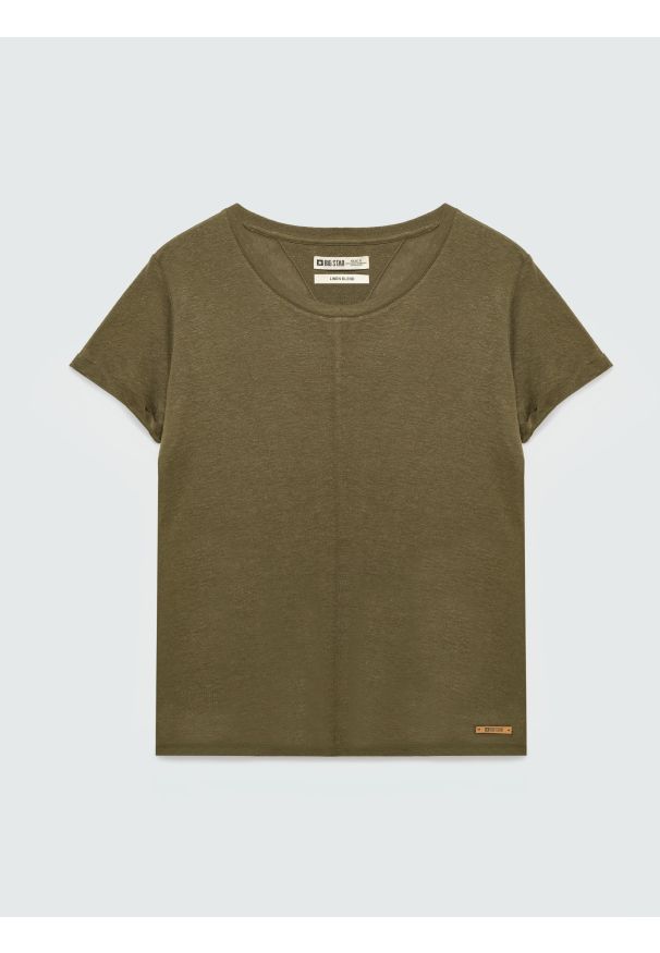 Big-Star - Koszulka damska z domieszką lnu khaki Otria 303. Kolor: zielony. Materiał: len. Styl: klasyczny