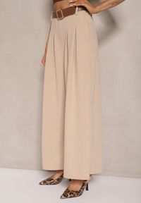Renee - Beżowe Spodnie o Szerokim Kroju High Waist Ozdobione Paskiem Rasalle. Okazja: na co dzień. Stan: podwyższony. Kolor: beżowy. Wzór: aplikacja. Styl: casual, elegancki #5