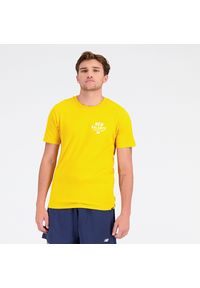 Koszulka męska New Balance MT31909VGL – żółta. Kolor: żółty. Materiał: materiał, bawełna, poliester. Wzór: napisy