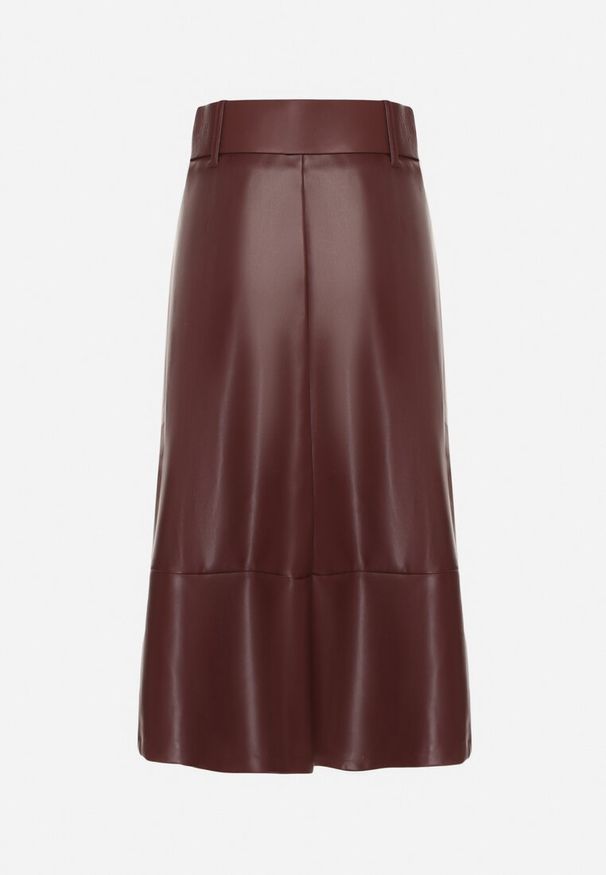 Born2be - Bordowa Trapezowa Spódnica z Imitacji Skóry z Paskiem z Okrągłą Klamrą Salendia. Okazja: na co dzień, do pracy, na spotkanie biznesowe. Stan: podwyższony. Kolor: czerwony. Materiał: skóra. Styl: biznesowy, casual