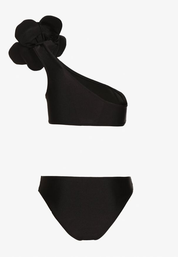 Born2be - Czarne 2-Częściowe Bikini Stanik na Jedno Ramię z Aplikacją Kwiatka 3D i Majtki Figi Simelba. Kolor: czarny. Wzór: kwiaty, aplikacja