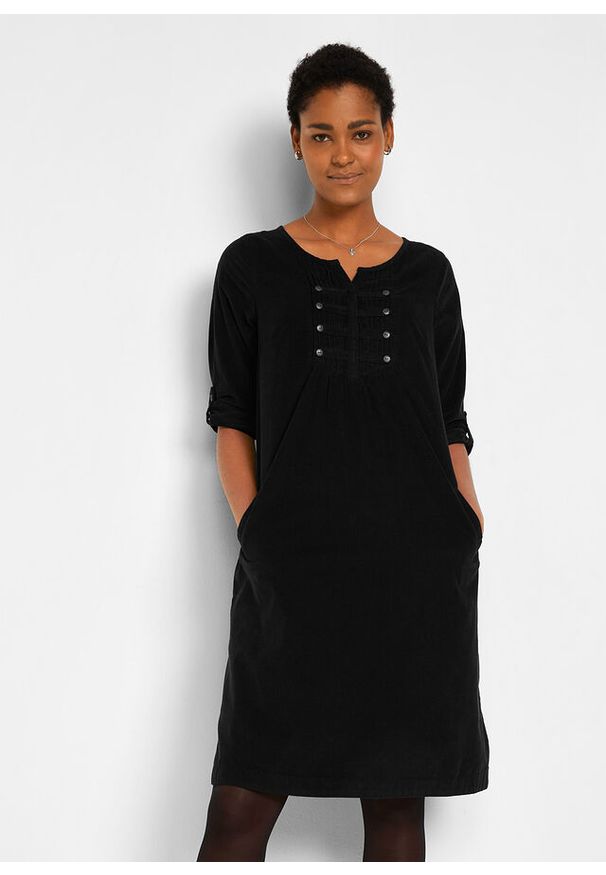 bonprix - Sukienka koszulowa z bawełnianego sztruksu. Kolor: czarny. Materiał: bawełna, sztruks. Typ sukienki: koszulowe