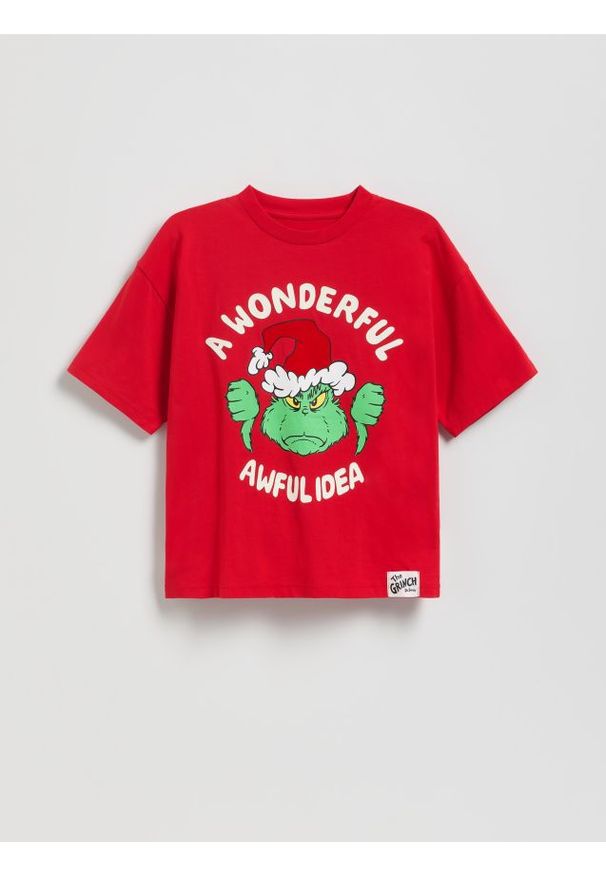 Reserved - Świąteczny t-shirt Grinch - czerwony. Kolor: czerwony. Materiał: bawełna, dzianina. Styl: wizytowy