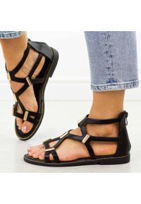 Czarne płaskie sandały damskie Filippo Ds6912/26. Okazja: na co dzień, na spacer. Kolor: czarny. Materiał: skóra. Wzór: kolorowy, aplikacja. Sezon: wiosna, lato. Styl: elegancki, klasyczny, casual, wizytowy #1