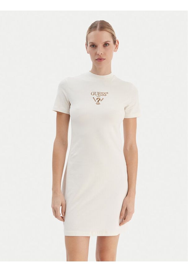 Guess Sukienka codzienna V4YK02 KCDH1 Écru Regular Fit. Okazja: na co dzień. Kolor: kremowy. Materiał: bawełna. Typ sukienki: proste. Styl: casual