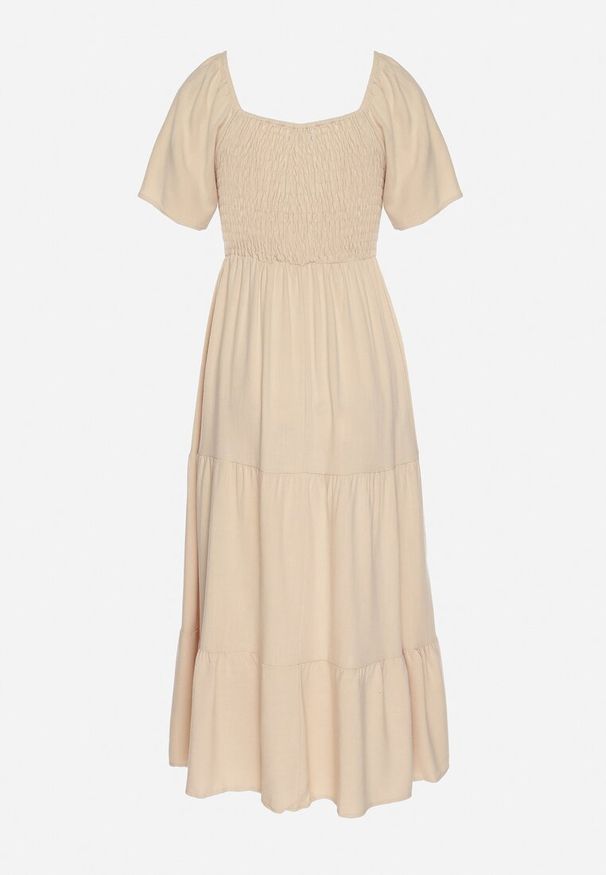 Born2be - Beżowa Sukienka z Wiskozą Lnem i Elastyczną Górą Ellisena. Okazja: na co dzień, na spacer. Kolor: beżowy. Materiał: wiskoza, len. Typ sukienki: proste. Styl: casual, klasyczny, elegancki