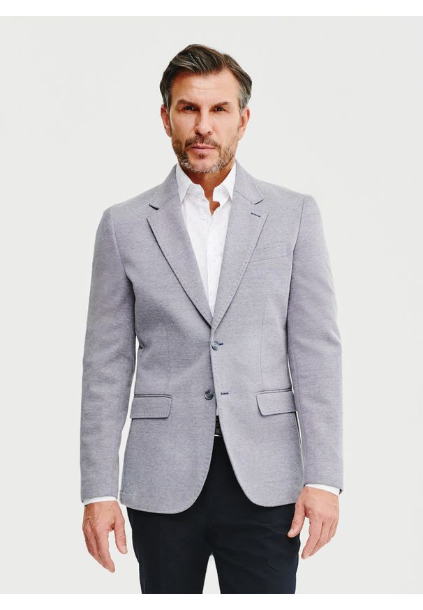 Pako Lorente - Granatowa marynarka melanż. Okazja: na co dzień. Kolor: niebieski. Materiał: dzianina, poliester, bawełna. Wzór: melanż. Sezon: wiosna. Styl: casual