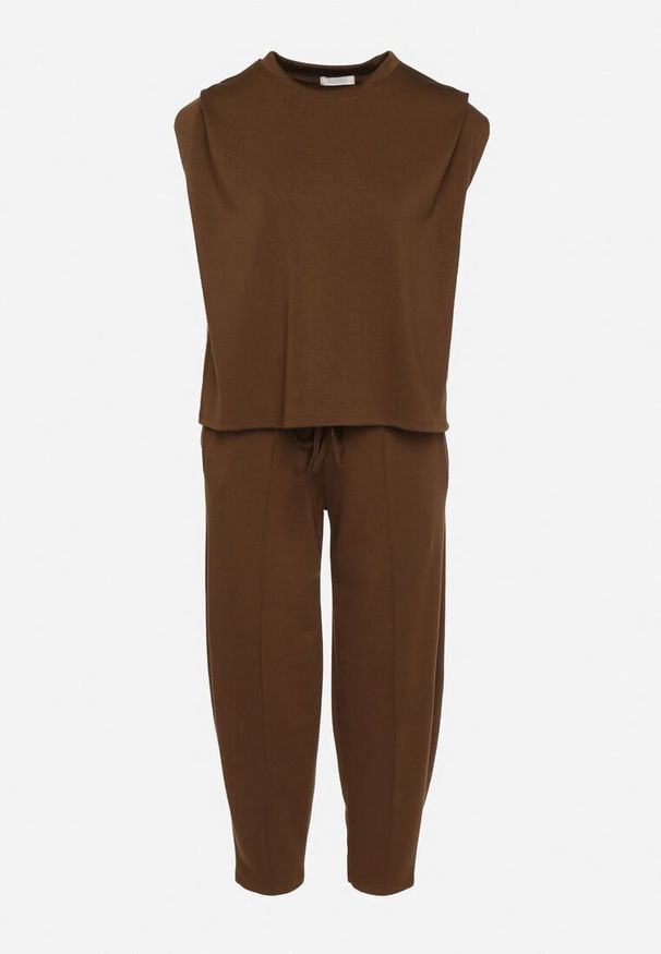 Born2be - Brązowy Komplet Dresowy z Wiskozą Bluzka Bez Rękawów i Spodnie z Gumką w Talii Nitadora. Kolor: brązowy. Materiał: wiskoza, dresówka. Sport: turystyka piesza