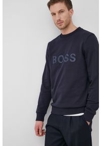 BOSS - Boss Bluza bawełniana męska kolor granatowy z aplikacją. Kolor: niebieski. Materiał: bawełna. Wzór: aplikacja
