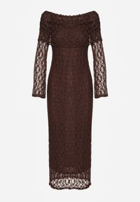 Renee - Brązowa Koronkowa Sukienka Koktajlowa z Odkrytymi Ramionami Eperria. Okazja: na studniówkę. Typ kołnierza: kokarda. Kolor: brązowy. Materiał: koronka. Typ sukienki: z odkrytymi ramionami. Styl: wizytowy #3