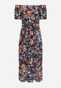 Born2be - Granatowo-Różowa Sukienka z Hiszpańskim Dekoltem z Wiązanym Paskiem w Kwiaty z Bawełny Rissanique. Okazja: na co dzień. Kolor: niebieski. Materiał: bawełna. Wzór: kwiaty. Sezon: lato. Typ sukienki: rozkloszowane. Styl: casual, elegancki #3