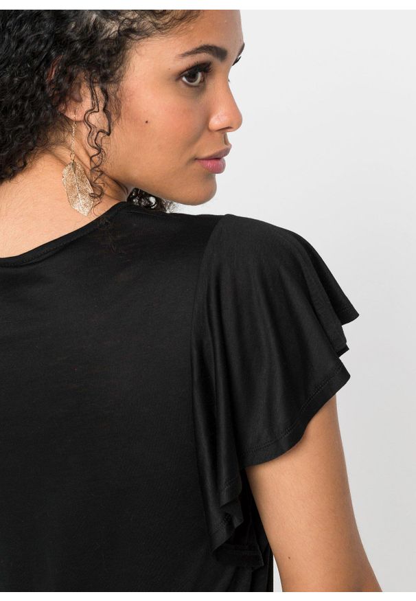 bonprix - Shirt z rękawami z falbanami. Kolor: czarny. Długość rękawa: krótki rękaw. Długość: krótkie