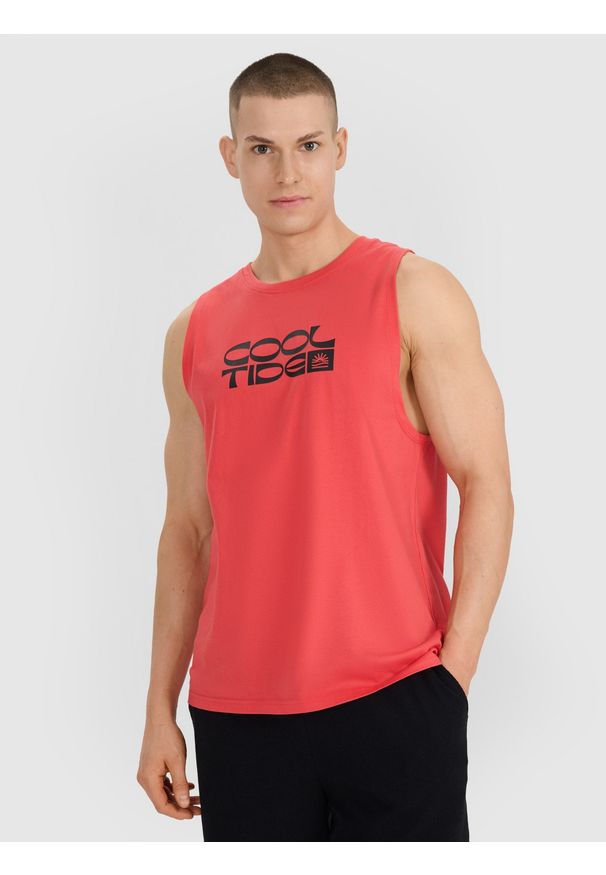 4f - 4F Tank top regular męski - czerwony XXL. Kolor: czerwony. Materiał: dzianina, bawełna, jersey. Długość rękawa: bez rękawów. Wzór: gładki, ze splotem, napisy