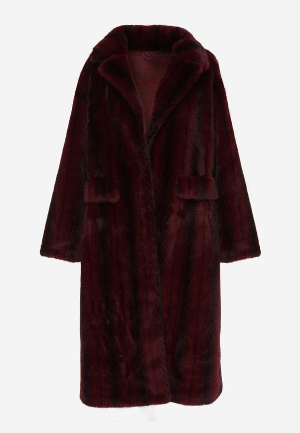 Born2be - Bordowy Płaszcz Futerko o Kroju Oversize z Kieszeniami z Klapami Namys. Okazja: na co dzień, na randkę, na spacer. Kolor: czerwony. Materiał: futro. Styl: casual