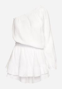 Born2be - Biały Muślinowy Kombinezon z Bawełny na Jedno Ramię z Gumką w Pasie Vimaree. Okazja: na imprezę, na co dzień. Kolor: biały. Materiał: bawełna. Styl: casual #2