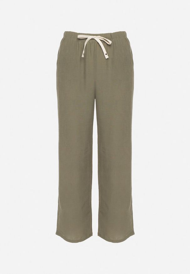 Born2be - Ciemnozielone Spodnie o Szerokim Kroju z Gumką i Wiązaniem w Talii Mirastra. Okazja: na spacer, na co dzień. Kolor: zielony. Styl: elegancki, casual, klasyczny, sportowy