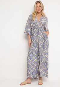 Born2be - Niebieski Kombinezon Boho z Gumką w Talii Wiązany na Plecach z Szerokimi Nogawkami Rodolia. Okazja: na co dzień. Kolor: niebieski. Długość rękawa: krótki rękaw. Długość: krótkie. Styl: boho #5