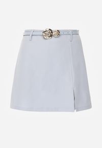 Born2be - Niebieskie Spódnico-Szorty z Wysokim Stanem Paskiem i Metaliczną Ozdobą Narnllea. Okazja: na co dzień. Stan: podwyższony. Kolor: niebieski. Materiał: jeans. Wzór: aplikacja. Styl: casual, elegancki, klasyczny #6