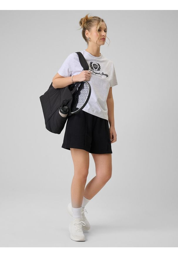 4f - 4F T-shirt boxy z nadrukiem damski - szary XL. Okazja: na co dzień. Kolor: szary. Materiał: dzianina, bawełna, materiał. Wzór: nadruk. Styl: casual