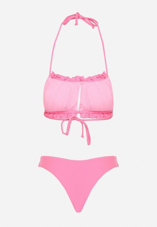 Renee - Różowe Bikini Majtki Figi Biustonosz z Wiązaniem Ozdobiony Marszczeniem Folinira. Kolor: różowy. Wzór: aplikacja