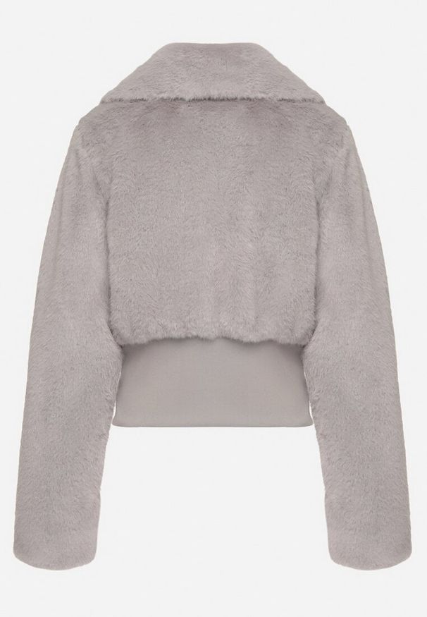 Born2be - Szara Krótka Futrzana Kurtka z Elastycznym Ściągaczem i Kołnierzem Semaline. Kolor: szary. Materiał: futro. Długość: krótkie. Sezon: zima. Styl: elegancki