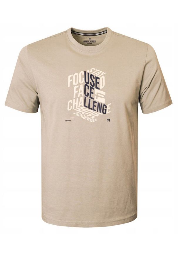Męska Koszulka (T-Shirt) - Pako Jeans - Beżowa, Napis. Okazja: na co dzień. Kolor: brązowy, beżowy, wielokolorowy. Materiał: bawełna. Wzór: nadruk. Styl: casual