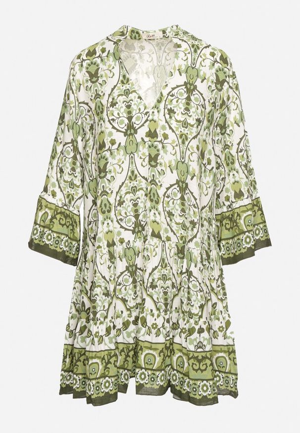 Born2be - Zielona Rozkloszowana Sukienka z Wiskozą w Ornamentalny Wzór Ravapia. Okazja: na co dzień, na spacer. Typ kołnierza: dekolt w kształcie V. Kolor: zielony. Materiał: wiskoza. Sezon: lato. Styl: casual