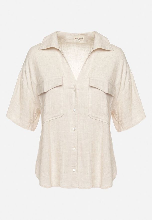 Born2be - Jasnobeżowa Koszula Bawełniana z Lnem Zapinana na Guziki Surveni. Kolor: beżowy. Materiał: len, bawełna. Styl: klasyczny