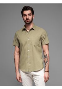 Ombre Clothing - Męska koszula z bawełny i lnu z krótkim rękawem i kieszonką – oliwkowa V6 - Rozmiar: XXL. Kolor: oliwkowy. Materiał: len, bawełna. Długość rękawa: krótki rękaw. Długość: krótkie. Sezon: lato #7