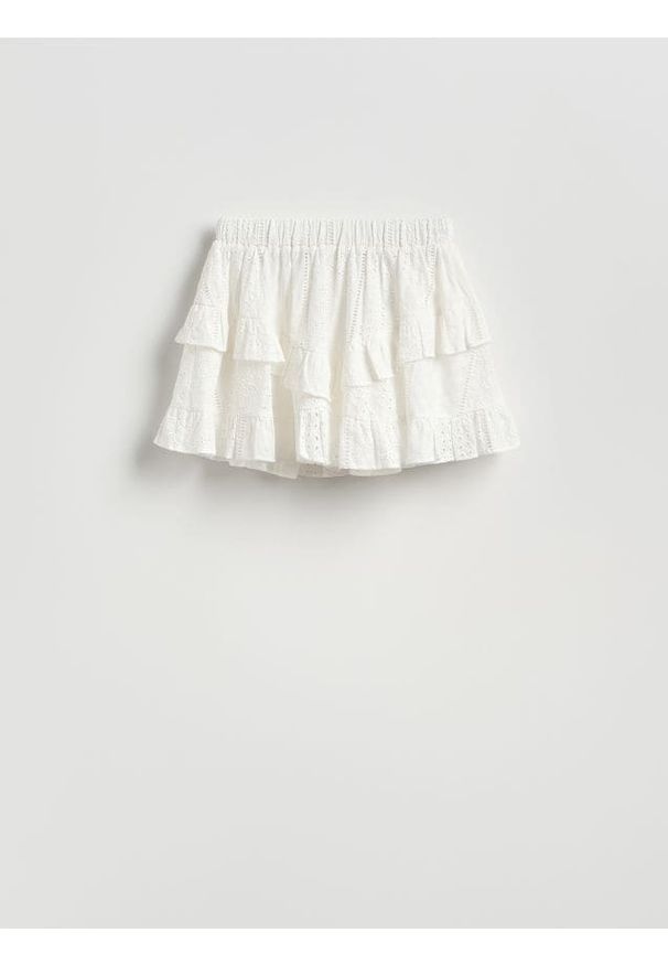 Reserved - Spódnica z ażurowymi wstawkami - złamana biel. Materiał: bawełna, tkanina. Wzór: ażurowy