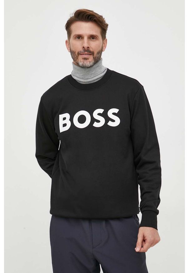 BOSS bluza bawełniana męska kolor czarny z nadrukiem. Kolor: czarny. Materiał: bawełna. Wzór: nadruk. Styl: klasyczny
